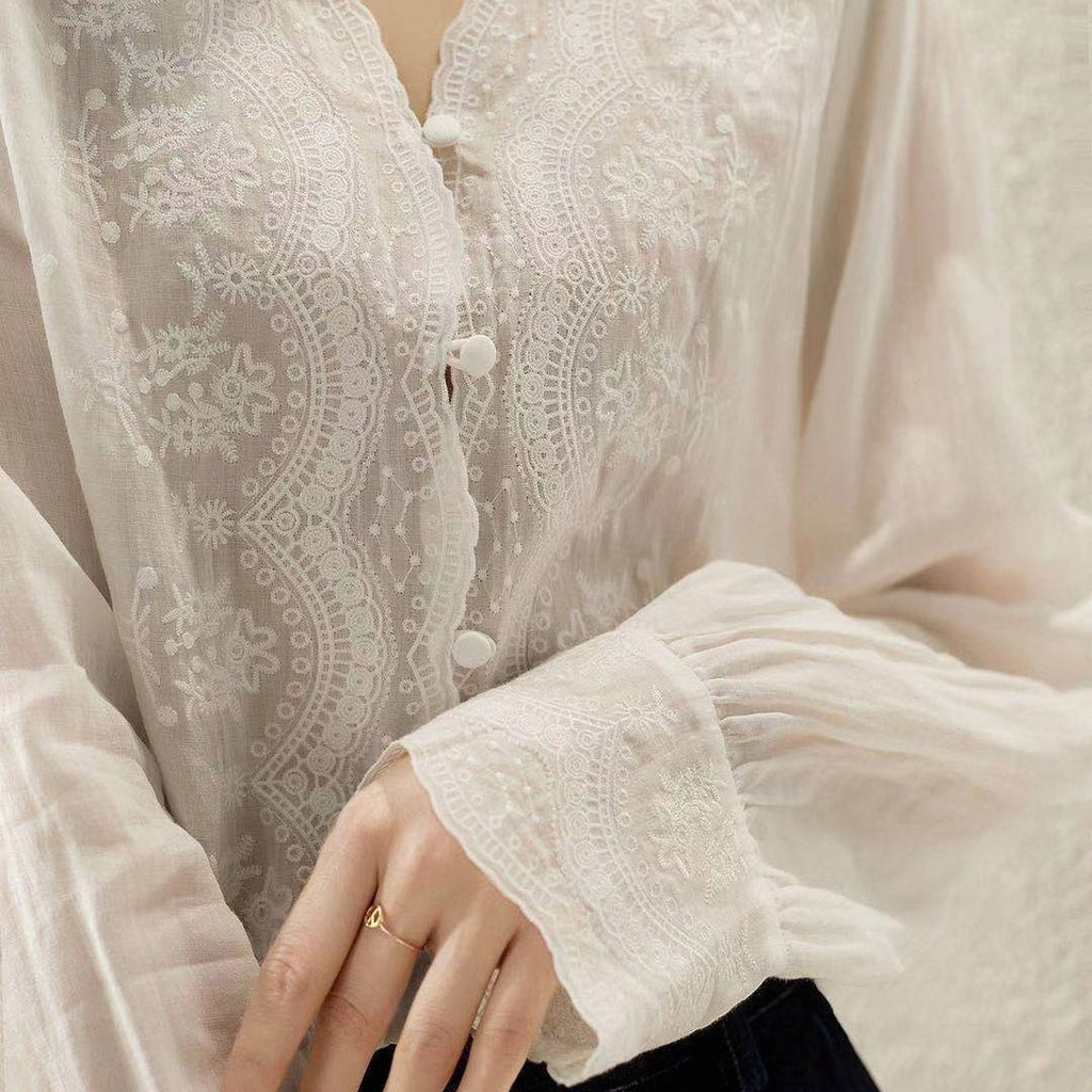 Fashion New V-neck Retro Cotton And Linen Inner And Outer Night Wear Shirt Women