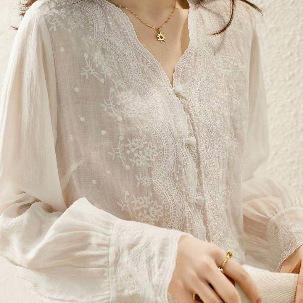 Fashion New V-neck Retro Cotton And Linen Inner And Outer Night Wear Shirt Women