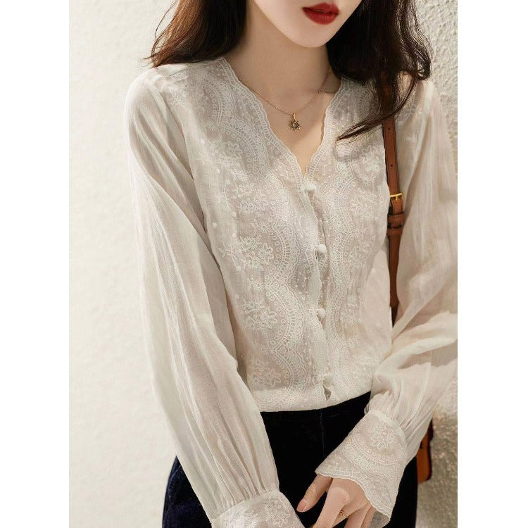 Fashion New V-neck Retro Cotton And Linen Inner And Outer Night Wear Shirt Women